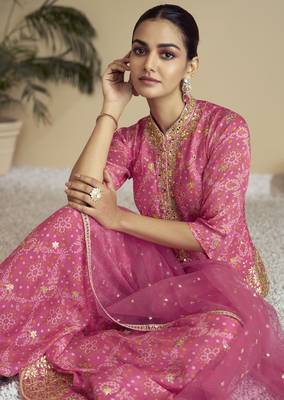 Pink color chinon fabric bandhej palazzo dress with beautiful embroidery work 2