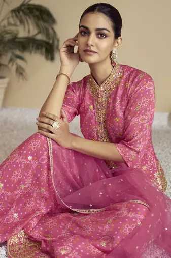 Pink color chinon fabric bandhej palazzo dress with beautiful embroidery work