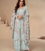 Sky blue color beautiful partywear chinon fabric heavy embroidered palazzo dress