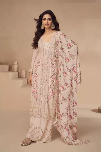 Peach color beautiful designer partywear chinon fabric heavy embroidered palazzo dress