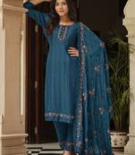 Teal blue color designer multy thread embroidery work chinon fabric ceremonial wear salwar kameez