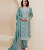 Sky blue color faux georgette elegant resham embroidery summer festive suit for girls