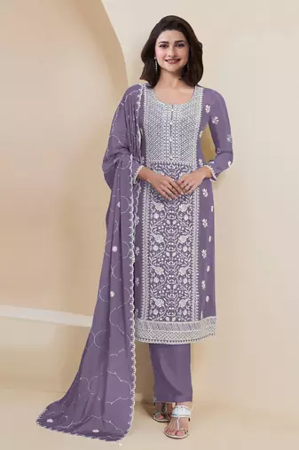 Purple color faux georgette elegant resham embroidery summer festive suit for girls