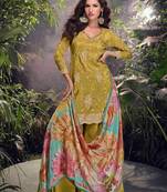 Mahendi color shimmer fabric designer printed and embroidered partywear palazzo dress