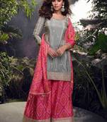 Grey color shimmer fabric designer printed and embroidered partywear palazzo dress
