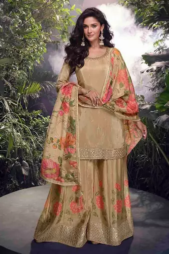 Beige color shimmer fabric designer printed and embroidered partywear palazzo dress