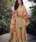 Beige color shimmer fabric designer printed and embroidered partywear palazzo dress