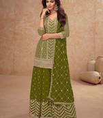 Heavy designer embroidery work mahendi color chinon fabric palazzo dress