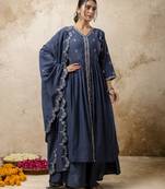 Women's silk blend embroidered flared kurta with palazzo & dupatta set