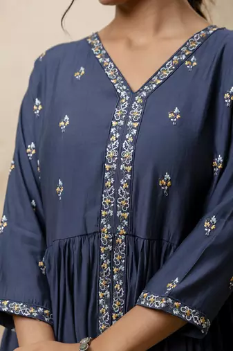 Women's silk blend embroidered flared kurta with palazzo & dupatta set