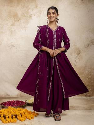 Women's silk blend embroidered flared kurta with palazzo & dupatta set 1