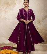 Women's silk blend embroidered flared kurta with palazzo & dupatta set