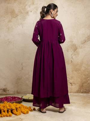 Women's silk blend embroidered flared kurta with palazzo & dupatta set 2