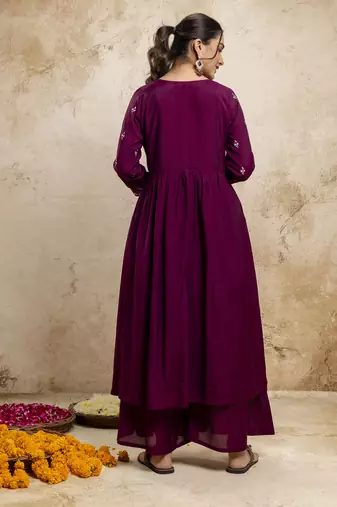Women's silk blend embroidered flared kurta with palazzo & dupatta set