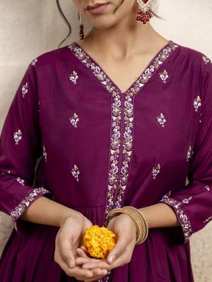 Women's silk blend embroidered flared kurta with palazzo & dupatta set 3