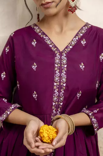 Women's silk blend embroidered flared kurta with palazzo & dupatta set