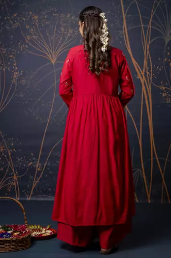 Women's silk blend embroidered flared kurta with palazzo & dupatta set