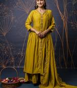 Women's silk blend embroidered flared kurta with palazzo & dupatta set