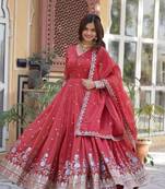 Women's designer viscose foil embroidered gown with dupatta sets