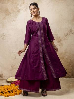 Women's silk blend embroidered flared kurta with palazzo & dupatta set 1