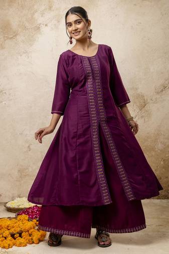 Women's silk blend embroidered flared kurta with palazzo & dupatta set