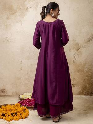 Women's silk blend embroidered flared kurta with palazzo & dupatta set 2