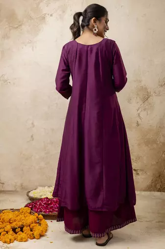 Women's silk blend embroidered flared kurta with palazzo & dupatta set
