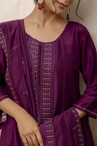 Women's silk blend embroidered flared kurta with palazzo & dupatta set
