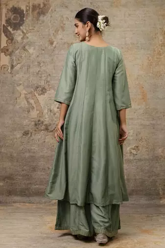 Women's silk blend embroidered flared kurta with palazzo & dupatta set