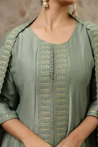 Women's silk blend embroidered flared kurta with palazzo & dupatta set