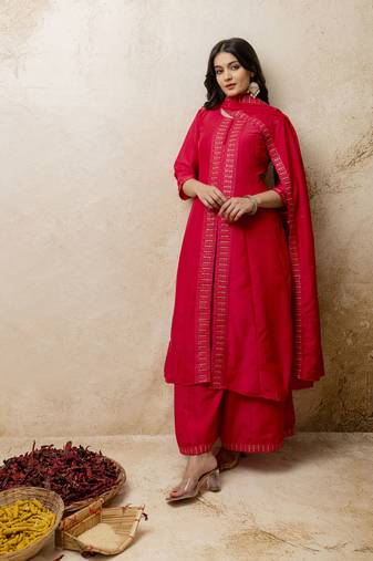 Women's silk blend embroidered flared kurta with palazzo & dupatta set