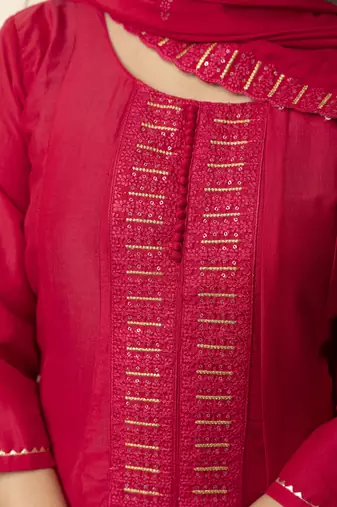 Women's silk blend embroidered flared kurta with palazzo & dupatta set