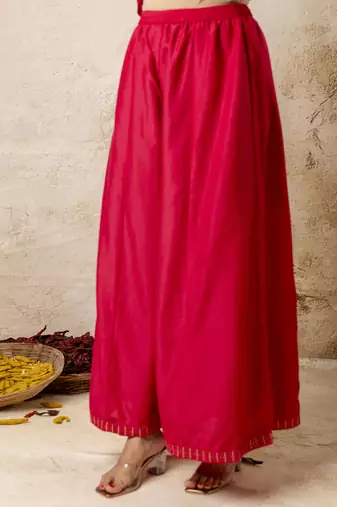 Women's silk blend embroidered flared kurta with palazzo & dupatta set