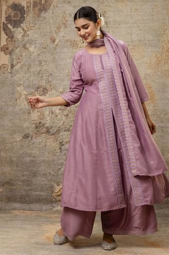 Women's silk blend embroidered flared kurta with palazzo & dupatta set