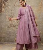 Women's silk blend embroidered flared kurta with palazzo & dupatta set