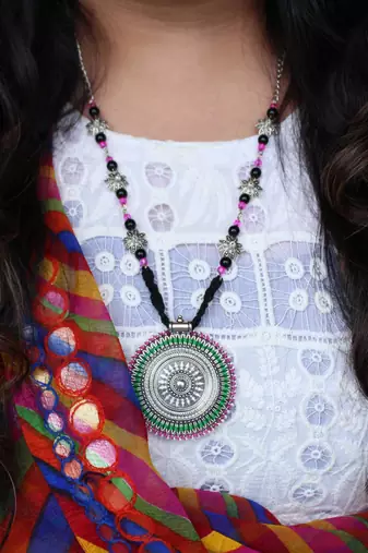 Oxidized silver pink & green long haar