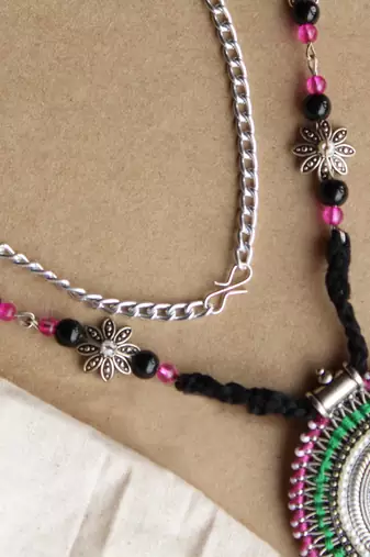Oxidized silver pink & green long haar
