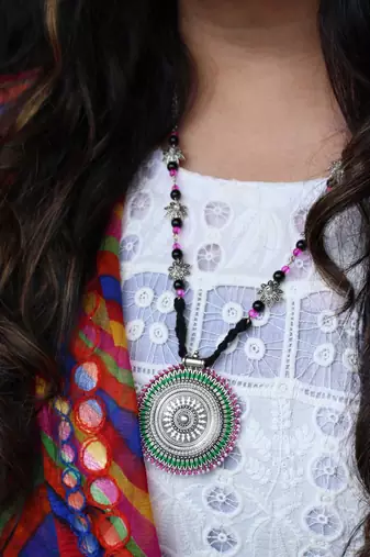 Oxidized silver pink & green long haar