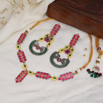 Bold red and green meenakari necklace with peacock motif earrings 3