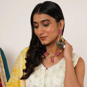 Bold red and green meenakari necklace with peacock motif earrings 4
