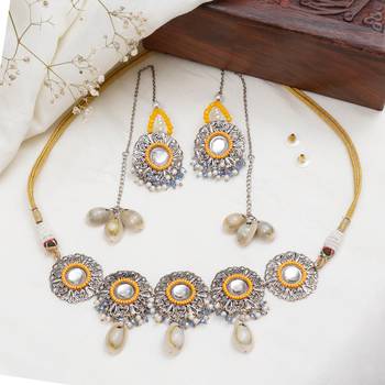 Royal mirrorwork oxidized necklace and earrings set with shells 1