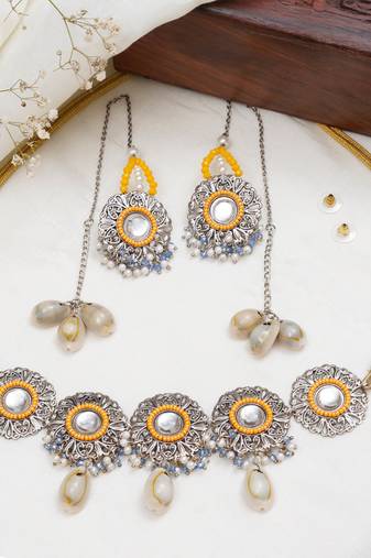 Royal mirrorwork oxidized necklace and earrings set with shells