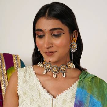 Royal mirrorwork oxidized necklace and earrings set with shells 2
