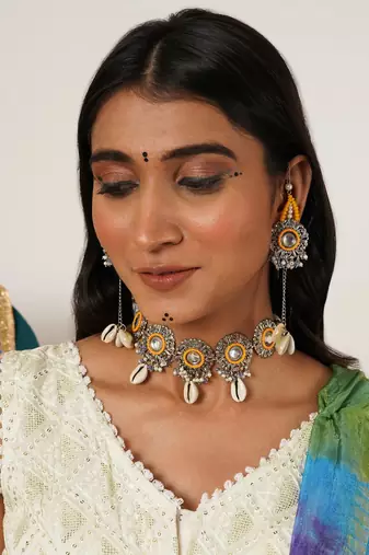 Royal mirrorwork oxidized necklace and earrings set with shells