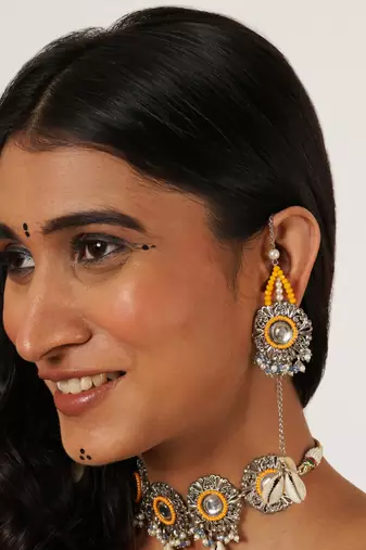 Royal mirrorwork oxidized necklace and earrings set with shells