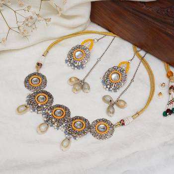 Royal mirrorwork oxidized necklace and earrings set with shells 5