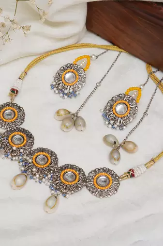Royal mirrorwork oxidized necklace and earrings set with shells