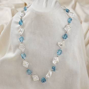 High quality white pearls blue semi precious stone necklace 1