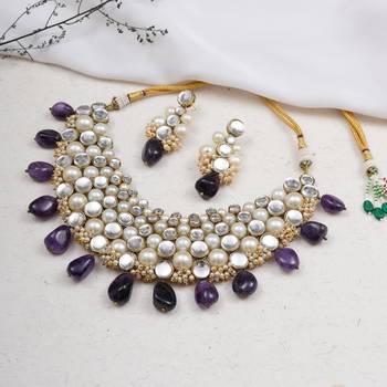 Royal amethyst & pearl kundan choker set with matching earrings 1