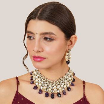Royal amethyst & pearl kundan choker set with matching earrings 2